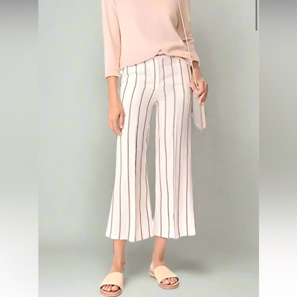 Theory Nadeema Wide Leg Striped Crop Linen Pants in Cream/Maroon Stripe - 8 - Picture 1 of 12